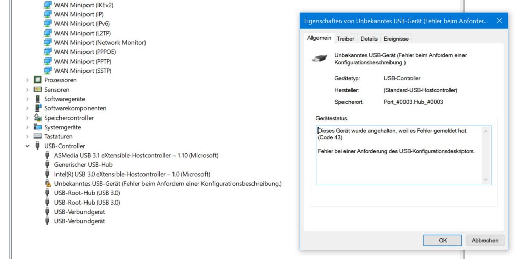 Logitech Unbekanntes USB Gerät Fehler Code 43
